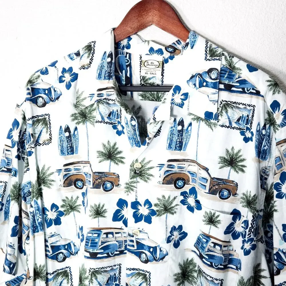 Go Barefoot Hawaiian Shirt XL Tall Blue Vintage Retro Coastal Beachy - Picture 3 of 9